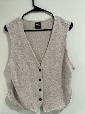 Zara Beige Textured Knit Button Vest